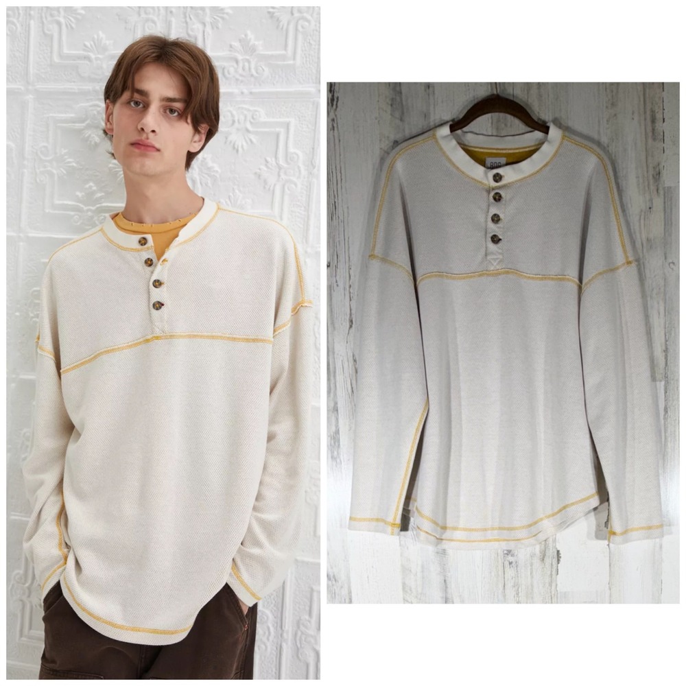 BDG‎ Slouchy Honeycomb Henley Shirt Small Beige Yellow Waffle Knit Grunge Baggy
